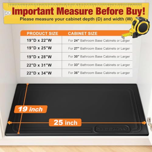 Aisslro Under Sink Mat 25" X 19", Waterproof Silicone Under Sink Mats for Kitchen, Anti-Leak Shelf Liner & Cabinet Protector with Raised Edge, [BPA Free] Bathroom Tray Home Organizer, Black | BPA-Free Raised-Edge Cabinet Protector & Leak Tray for Bathroom
