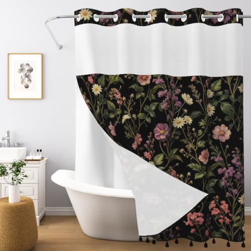 Dark Floral Shower Curtain with Snap in Liner & Tassels, 71W x 77L | No Hook Needed, Double Layer Waterproof Fabric with Mesh Top, Moody Botanical Wildflower Design for Boho Farmhouse Bathroom - color: Colorful Wildflowers