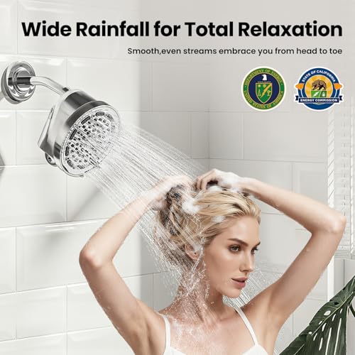 JOMOO 6 inch Rain Shower Head with Filter, High Pressure 5-Spray Mode Fixed Showerhead with Replaceable Filter Cartridge for Hard Water Remove Chlorine, Water Saving Bathroom Rainfall Shower Head