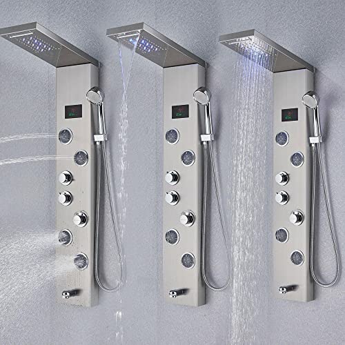 MObyat LED Rainfall Shower Panel Tower Stainless Steel Waterfall Massage Body Jets Set
