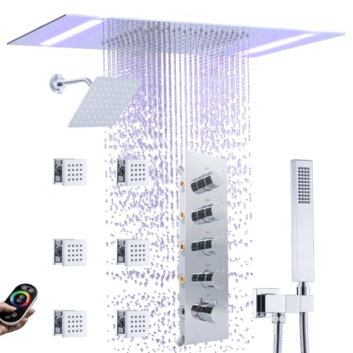Thermostatic Shower System with 14x20 Inch Ceiling Mount LED Head & 6 Inch Wall Head and Handheld Shower 4 Function Vale with body jets Can All Run Together,Polished Chrome - color: Polished Chrome, style: 14x20 led+6 jets