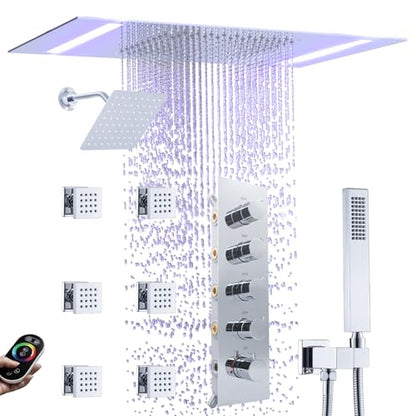 Thermostatic Shower System with 14x20 Inch Ceiling Mount LED Head & 6 Inch Wall Head and Handheld Shower 4 Function Vale with body jets Can All Run Together,Polished Chrome - color: Polished Chrome, style: 14x20 led+6 jets
