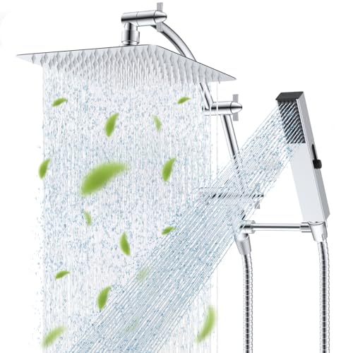 Hibbent All Metal CUPC Certified 10'' Rain Shower Head, Dual Shower Head Combo, High Pressure Handheld 4 Sprays Shower Wand, 16'' Adjustable Extension Arm, 71'' Hose, Shower Holder, Chrome - color: Chrome, style: Square 10''