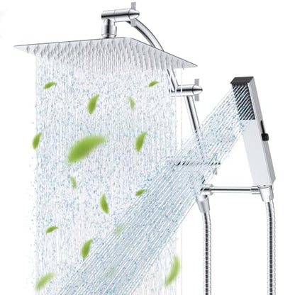 Hibbent All Metal CUPC Certified 10'' Rain Shower Head, Dual Shower Head Combo, High Pressure Handheld 4 Sprays Shower Wand, 16'' Adjustable Extension Arm, 71'' Hose, Shower Holder, Chrome - color: Chrome, style: Square 10''