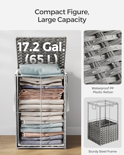 SONGMICS Laundry Hamper with Lid, 17.2 Gallon (65 L) Synthetic Rattan Clothes Laundry Basket with Lid and Handles, Foldable, Removable Liner, Dove Gray ULCB165G01 - color: Dove Gray, size: 65 L