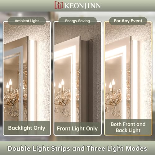 Keonjinn 30 x 36 Inch LED Bathroom Mirror with Lights, Frontlit and Backlit | HD Tempered Glass, Separately Frontlit/Backlit, Double Light Strips, Stepless 3 Colors Temperature & Dimmable, Fast Anti fog - size: 36"L x 30"W