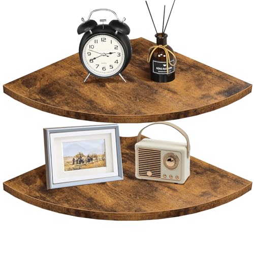 Homode Corner Shelf Wall Mount, 12 Inch Wood Floating Corner Shelves with Cord Hole, Set of 2 Large Corner Hanging Shelves for Bathroom Bedroom Kitchen, Rustic Brown - color: Rustic Brown, size: Set of 2
