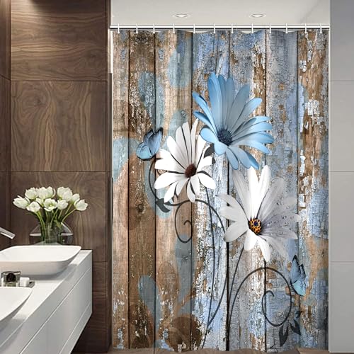 JAWO Farmhouse Flower Floral Shower Curtain, Rustic Blue Daisy Shower Curtain Set, Country Blue Wild Garden Plant Fabric Shower Curtain with Hooks, Brown Wooden Board Bathroom Curtain, 36x70inch - color: Daisy-blue, size: 36"W x 70"L (Pack of 1)