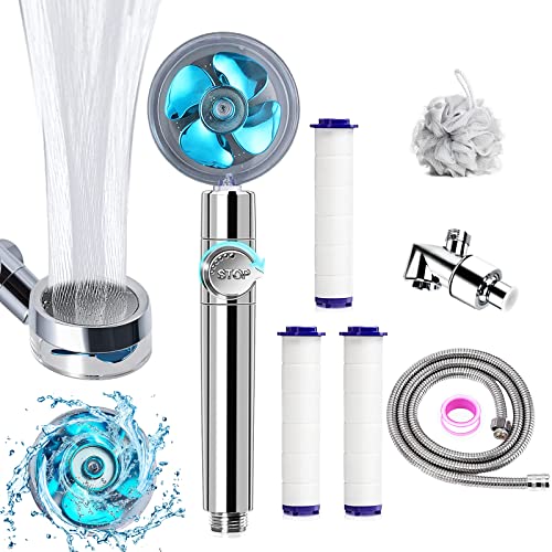 High Pressure Handheld Turbo Fan Shower Kit, 360° Rotatable Filtered Shower Head with Pause Switch, Extra Hose, Bracket, Cotton Filters & Bath Loofah - color: Blue, style: Classic