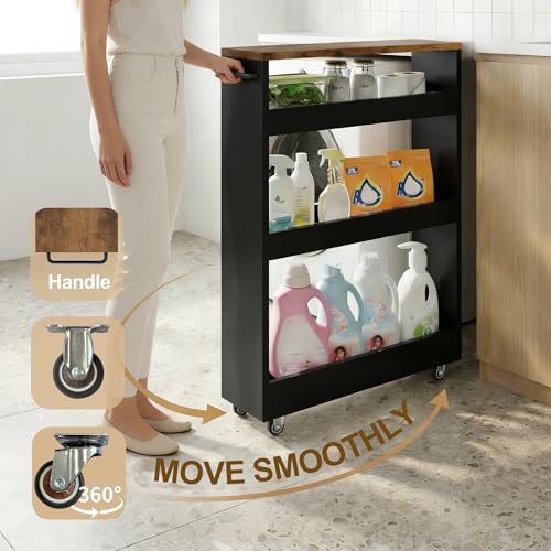 TEAMIX Wood 4-Tier Slim Rolling Storage Cart, 7.9"W, 24.8"D, 36.7"H, Black | Height Adjustable, 360°Swivel Wheels, Deeper & Taller, Use as Narrow Kitchen Cart, Laundry Organizer Between Washer & Dryer - color: Black