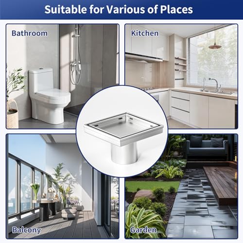 Square Shower Drain, 304 Stainless Steel Floor Drain 4" | with Tiled Insert Grate & Hair Strainer, Bathroom 2-in-1 Tiled in Drain, CUPC Certified - color: Brushed, size: 4''