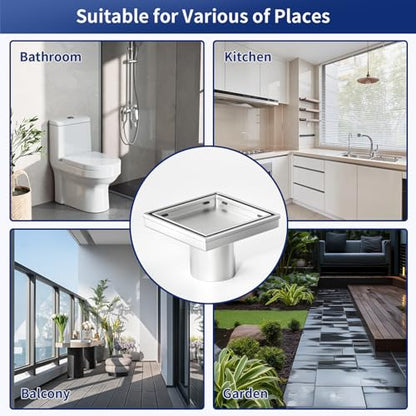 Square Shower Drain, 304 Stainless Steel Floor Drain 4" | with Tiled Insert Grate & Hair Strainer, Bathroom 2-in-1 Tiled in Drain, CUPC Certified - color: Brushed, size: 4''