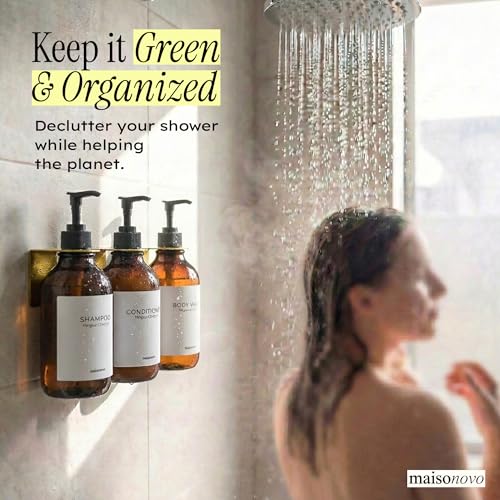 Shampoo and Conditioner Dispenser Wall Mounted Set of 3 Amber Gold - No Drill Shower Soap Dispenser for Bathroom Refillable - Spa Hotel Style Accessories by MaisoNovo - color: Amber Gold Set of 3