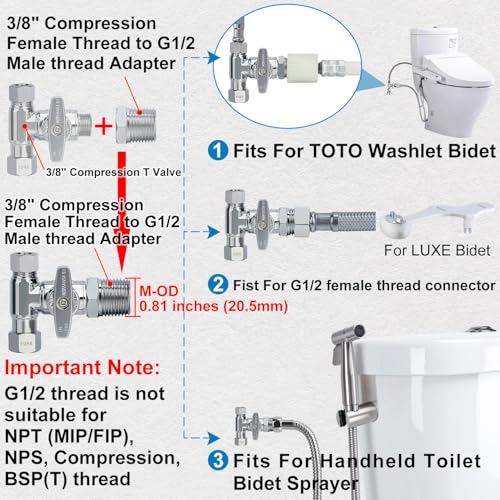 Brass 3/8" Compression Add-A-Tee Valve, T Adapter for TOTO Washlet Bidet | Angle Stop Valve Diverter for Toilet Handheld Sprayer, Dishwasher, Sink Faucet, 3/8x3/8x3/8 or 1/2 Water Line Splitter - size: 3/8"x3/8"x3/8" or G1/2 Toilet Bidet Sprayer T