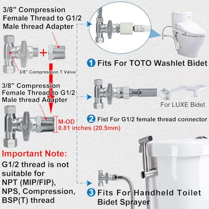 Brass 3/8" Compression Add-A-Tee Valve, T Adapter for TOTO Washlet Bidet | Angle Stop Valve Diverter for Toilet Handheld Sprayer, Dishwasher, Sink Faucet, 3/8x3/8x3/8 or 1/2 Water Line Splitter - size: 3/8"x3/8"x3/8" or G1/2 Toilet Bidet Sprayer T
