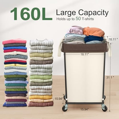 2PK Rolling Laundry Basket with Wheels, Rolling Laundry Hamper with Wheels | Double Laundry Hampers Cart on Wheels, Narrow Slim Clothes Hamper Organizer with Sturdy Metal Frame, Beige - color: Beige 2 Pack, size: 160L