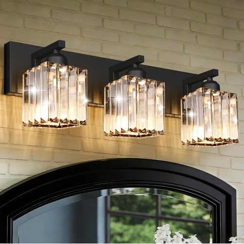Black Crystal Bathroom Vanity Light, 3-Light Modern Bathroom Lighting Fixtures Over Mirror, Matte Black Wall Sconce Light Fixtures with Square Shade - color: Black-Square Shade, size: 3-LIGHT