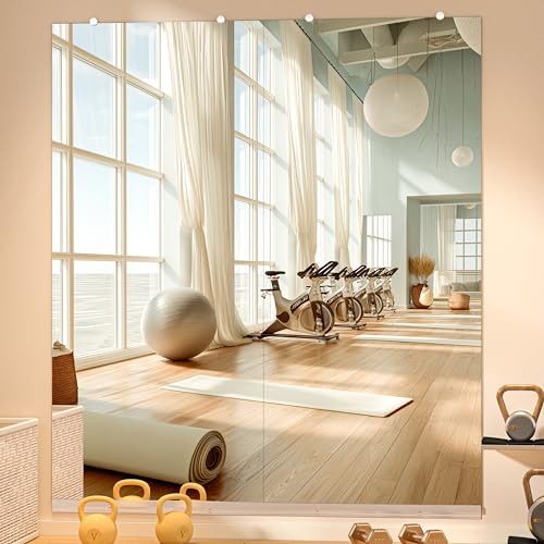 Hasipu Home Gym Mirror, 71"x32" Each, 2-Pack Frameless Wall Mounted Mirrors with Glass Clamps & 2 Aluminum Rail, Large Body Mirror for Home Gym, Yoga Studio, Bedroom, Silver Tempered Glass - size: 71"x32" - 2PCS