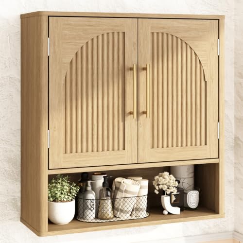 RUSTOWN Fluted Bathroom Wall Cabinet with Arched Doors & Rounded Edges | Over The Toilet Storage Cabinet with Adjustable Shelf, Mid Century Modern Medicine Cabinets, Laundry & Kitchen Shelving Unit - color: Natural Oak