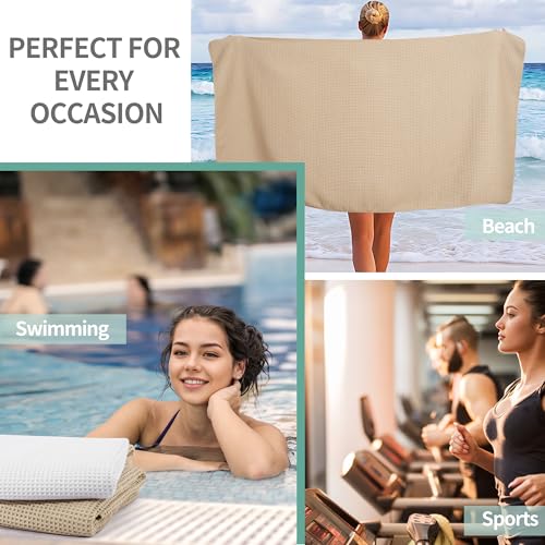 MICROFI New Microfiber Waffle Bath Towels, 2 Pieces, Oversized, Soft, Absorbent, Fast Drying, Lint Free 430 GSM (30''x60''/76cm x 152cm) - color: Beige+white