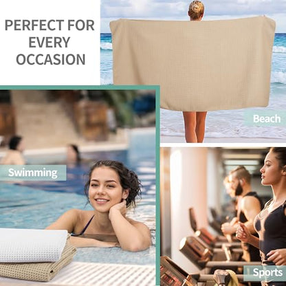 MICROFI New Microfiber Waffle Bath Towels, 2 Pieces, Oversized, Soft, Absorbent, Fast Drying, Lint Free 430 GSM (30''x60''/76cm x 152cm) - color: Beige+white