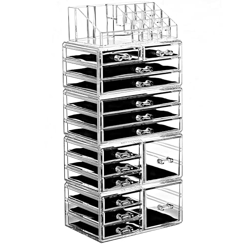 Ikee Design 5 Pcs Acrylic Makeup Organizer, 15 Drawers Lipstick Holders | 5 Pcs Set Acrylic Makeup Organizer with 15 Drawers and Removable Top Lipstick Holders, Make-up,Your Vanity or Bathroom - color: 1d) 1 Top 15 Drawers