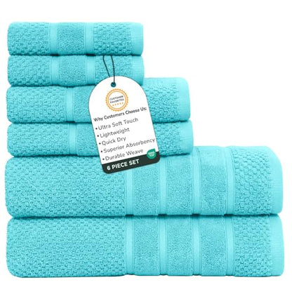 Feather & Stitch 100% Cotton 625 GSM Bath Towel Set of 6, Ultra Soft Highly Absorbent 2 Bath Towels, 2 Hand Towels & 2 Washcloth - Luxury Quick Dry Shower Towels (Aqua) - color: Aqua