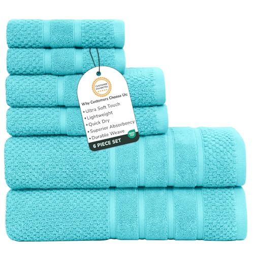 Feather & Stitch 100% Cotton 625 GSM Bath Towel Set of 6, Ultra Soft Highly Absorbent 2 Bath Towels, 2 Hand Towels & 2 Washcloth - Luxury Quick Dry Shower Towels (Aqua) - color: Aqua