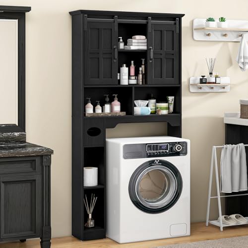 Halitaa Home Space-Saving Toilet Rack with Sliding Doors, Black | Farmhouse Over The Toilet Cabinet with Toilet Paper Holder Stand and Open Storage Shelf, for Restroom, Bathroom, Laundry - color: Black, style: Sliding Doors Ⅱ