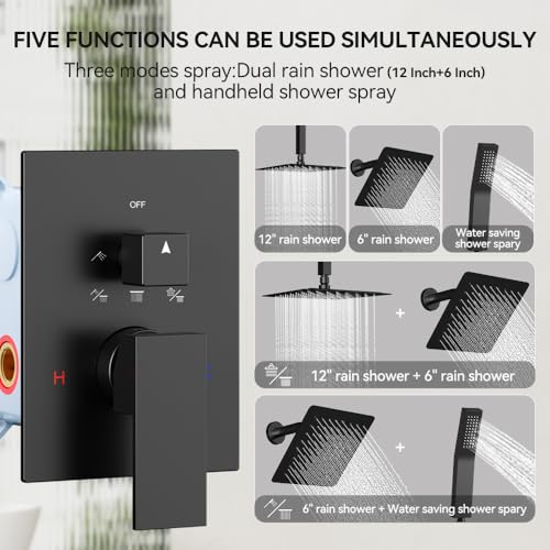 Shower System Shower Faucet Set, STARBATH 12"+6" Ceiling Mount Rain Shower Head and Handheld Spray for Two Person, Rainfall Shower System with Diverter Valve and Trim Kit Complete，Matte Black - color: Matte Black, size: 12"+6"-2
