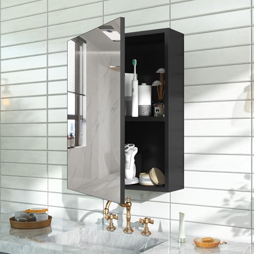 24 x 32 Black Medicine Cabinet, Aluminum Mirror Medicine Cabinet for Bathroom, Pre-Assembled Recessed/Surface-Mounted Medicine Cabinet, Tempered Frameless Mirror - color: Black, size: 24 x 32