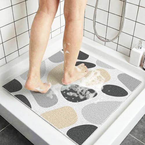 BLESWIN Anti Slip Shower Mat, 24 x 24 Inch Square Soft PVC Loofah Bath Mat for Inside Shower Stall, Soft Trimmable Shower Floor Mat Non Slip for Home, Hotel, Bathroom, Easy to Clean, Gray Stone - color: Gray Stone, size: 24" x 24" (Square)