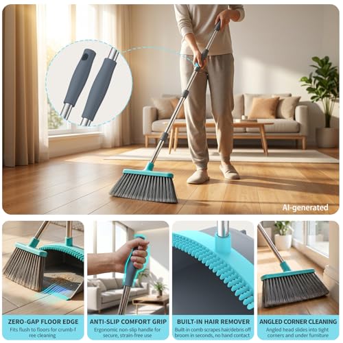 Broom with Dustpan Combo Set, Silicone Broom,Long Handle Broom with Upright Standing Dustpan, Squeegee - Broom for Indoor Cleaning 2+1,for Indoor Outdoor,Smooth Floors, Rugs