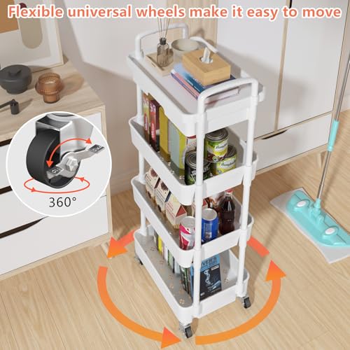 Calmootey 4-Tier Rolling Utility Cart with Drawer,Multifunctional Storage Organizer with Plastic Shelf & Metal Wheel,Storage Cart for Kitchen,Bathroom,Living Room,Office,White | Space-Saving Organizer, Sturdy Plastic Shelves, Smooth-Rolling Metal Wheels,