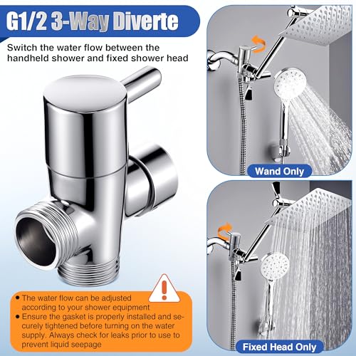 Dreyoo 3 Way Shower Head Splitter Kit, Brass G1/2 Diverter Valve with 79 Inch Stainless Steel Hose, Universal Shower Diverter for Dual Heads, Includes PTFE Tape - size: 79 in