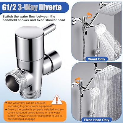 Dreyoo 3 Way Shower Head Splitter Kit, Brass G1/2 Diverter Valve with 79 Inch Stainless Steel Hose, Universal Shower Diverter for Dual Heads, Includes PTFE Tape - size: 79 in