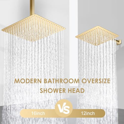 16 inch Brushed Gold Large Rain Shower Head Ceiling Mount - All Metal 304 Stainless Steel, Full Body Rainfall Shower with 324 Silicon Nozzles - Waterfall Bathroom Square Showerhead - color: Brushed Gold, size: 16 Inch Square