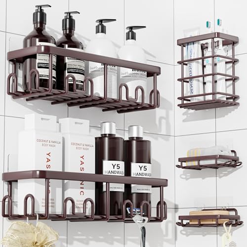 YASONIC Shower Caddy Adhesive, 100% Rustproof Shower Organizer with Soap and Toothbrush Holder, Large Capacity Shower Shelves for Inside Shower, No Drill Shower Storage for Home (5 Pack Bronze) - color: Bronze
