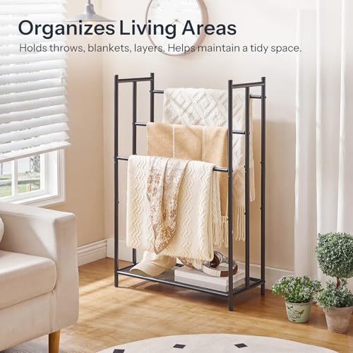 HOOBRO Free Standing Towel Rack for Bathroom, 25.2" L x 11.4" W x 39.4" H, 3-Tier Blanket Rack Stand with Bottom Mesh, Freestanding Quilt Stand with Adjustable Feet, Industrial Style, Black BK09LB01