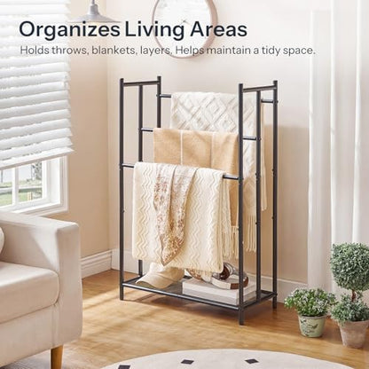 HOOBRO Free Standing Towel Rack for Bathroom, 25.2" L x 11.4" W x 39.4" H, 3-Tier Blanket Rack Stand with Bottom Mesh, Freestanding Quilt Stand with Adjustable Feet, Industrial Style, Black BK09LB01