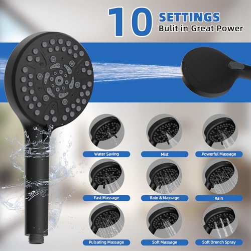 10" Metal Rainfall Shower Head with 10-Mode Handheld, Matte Black | NSF/ANSI/CAN 372 Certified, High Pressure Showerhead Combo with 11" Adjustable Shower Arm, 71" Hose, Shower Head Holder - color: Matte Black, style: Square 10"