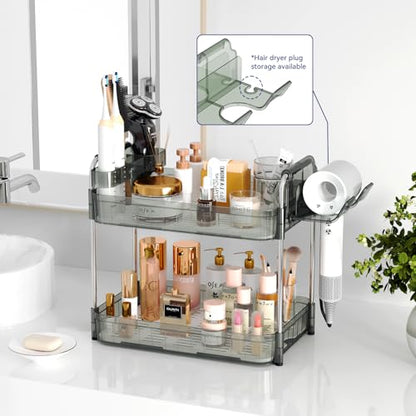 Bathroom Counter Organizer, 2 Tier Makeup Skincare Storage Tray with Hair Dryer Holder and Toothbrush Rack, Perfume Organizer Vanity Shelf for Countertop, Dresser (Transparency Green)