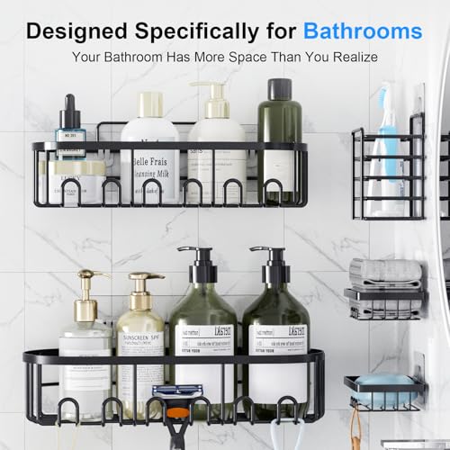 GearFusion Shower Caddy Adhesive Bathroom shelves,5 Pack Rustproof Stainless Steel Bathroom Storage, Space-Saving Shower Organizer with Soap Toothbrush Holder & 18 Hooks,No Drill Rack for Home Decor