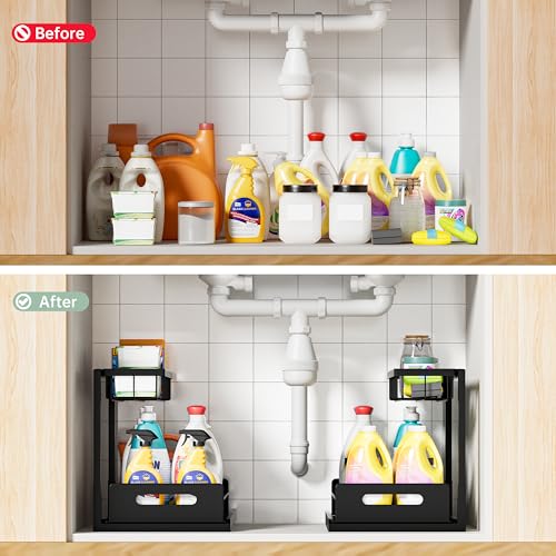 Under Sink Organizer and Storage, Slide Out Cabinet Organizer, Pull Out Sink Shelf for Kitchen Bathroom Laundry, 2 Pack Black