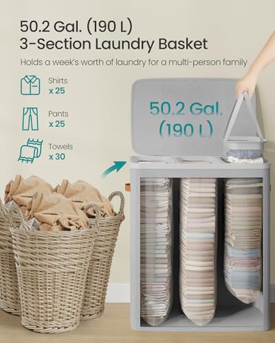 SONGMICS Laundry Basket, 50.2 Gal. Laundry Hamper, 3 Compartments, Easy Assembly, with Lid and Handles, Removable Liners, 25.2 x 15.7 x 29.5 Inches, Dove Gray ULCB814GD01 - color: Dove Gray, size: 190 L (3-Section)
