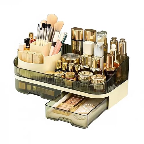 Makeup Organizer Countertop with Dual Drawers | Plastic, Vanity Bathroom Desk, 360° Rotating, Easy Clean, Cosmetic Skincare - color: green