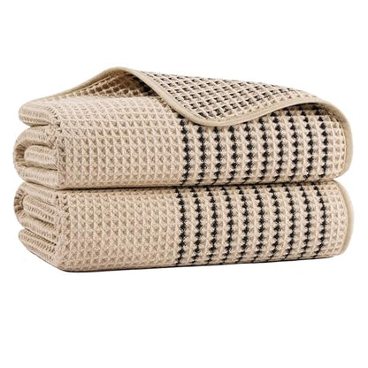 MICROFI New Microfiber Waffle Bath Towels, 2 Pieces, Soft, Absorbent, Fast Drying, Lint Free 430 GSM (30''x60''/76cm x 152cm) - color: Beige Striped