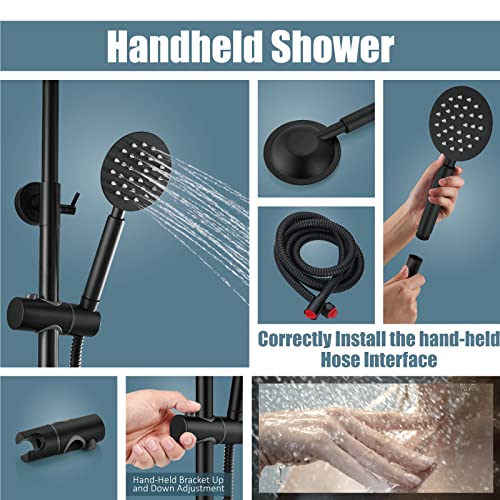 Aolemi Outdoor Shower Kit SUS304 with Round Handheld Matte Black | 2 Function,8 Inch Head,Round Handheld Spray,Adjustable Height,Outside Exposed Shower Fixture,Single Handle,Wall Mount - color: Black