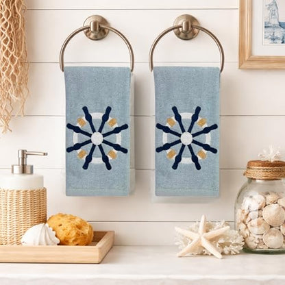 Serafina Home Coastal Nautical Ocean Embroidered Navy White Fingertip Towels, Captains Ship Wheel, Set of 2, 12 x 18 inches, 100% Cotton, - color: Ships Wheel