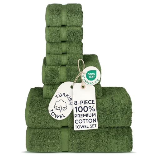 Chakir Turkish Linens Set of 8 Towel Set, 100% Cotton Luxury Turkish Towels for Bathroom, Soft Absorbent Bath Towel Set with 2 Bath Towels 2 Hand Towels 4 Washcloths, Moss - color: Moss